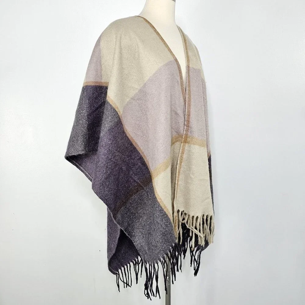 Woolrich Multicolor Plaid Rectangular Fringe Cozy Blanket Wrap One Size Gray Tan